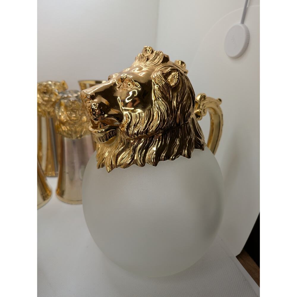 Carole Stupell Gold Lion Head Pitcher & 7 Stirrup Cups – Mid-Century Bar Set - Picture 5 of 16